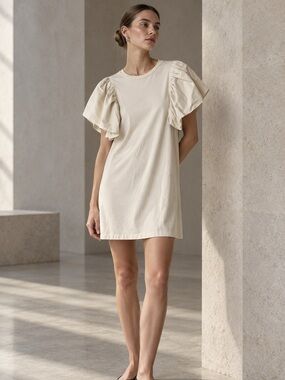 TCEC Ivory Mixed Media Flutter Sleeve Shift Mini Dress Size Large